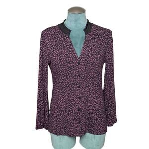 Esqualo purple print button-front ruffle neck blouse XS